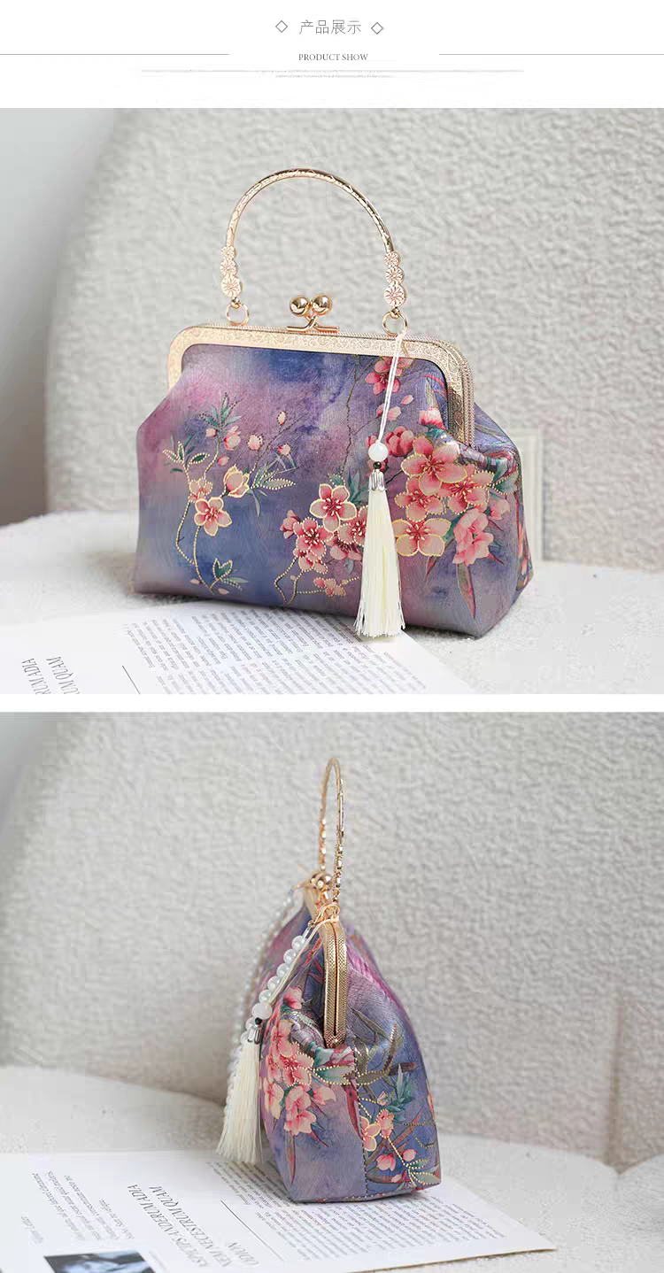 Borsa in seta jacquard floreale acquerello, stile orientale con nappa e perle