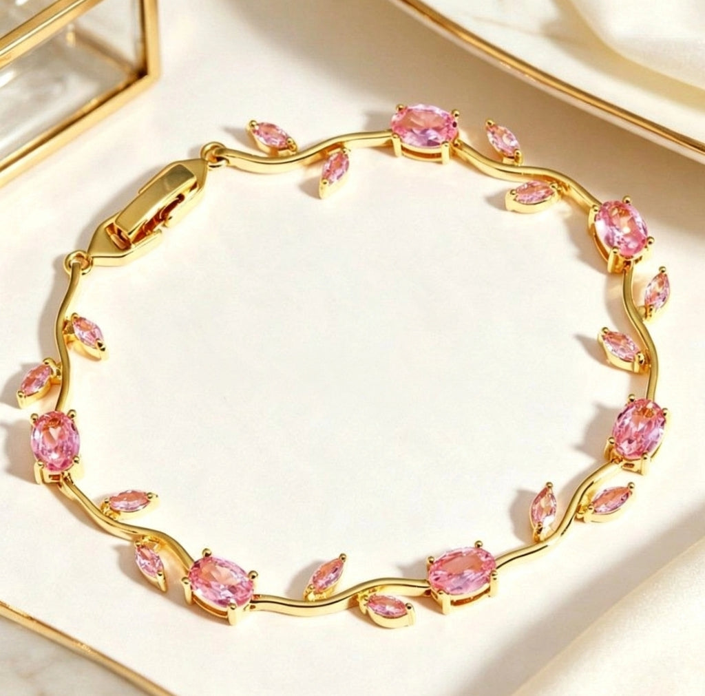 Bracciale placcato oro con foglie e zirconi, cristalli ovali multicolor