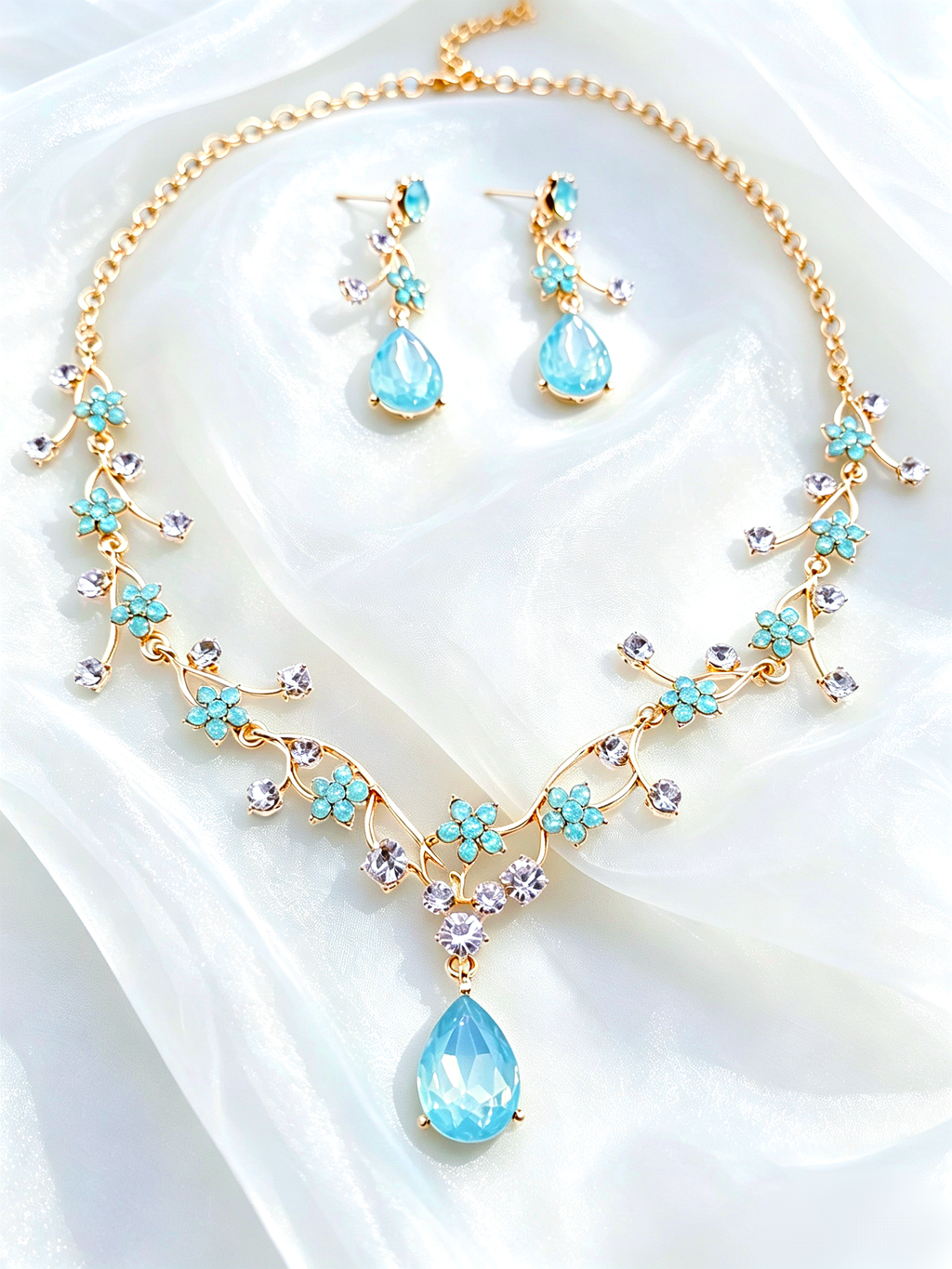 Set gioielli cristallo floreale smeraldo zaffiro, collana e orecchini x cerimoni