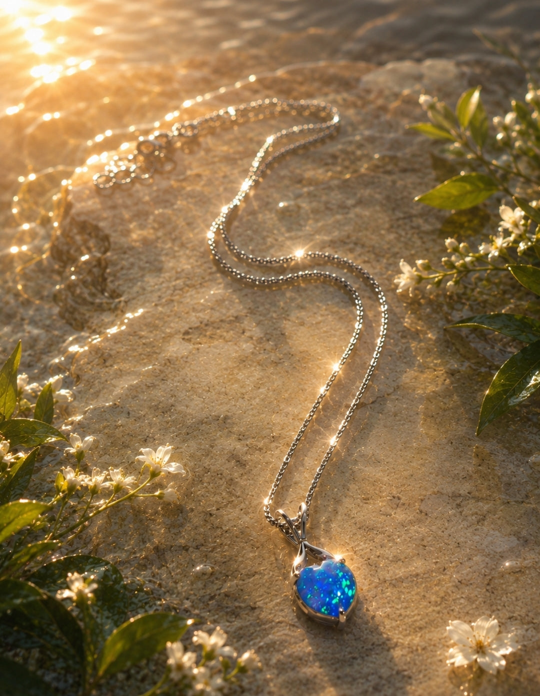 collana placcato in oro bianco 18K con opale a forma di cuore