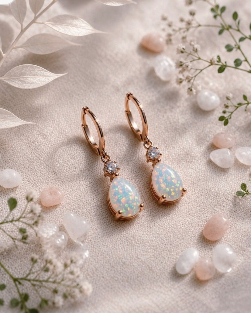 Ohrringe Tropfenform mit Opal und Zirkonia Silberstift Versilbert