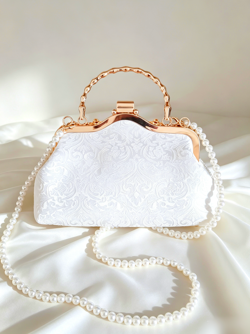 Pochette da Sera Ricamata a Mano Perla Strass Pizzo Bianco Tracolla Oro