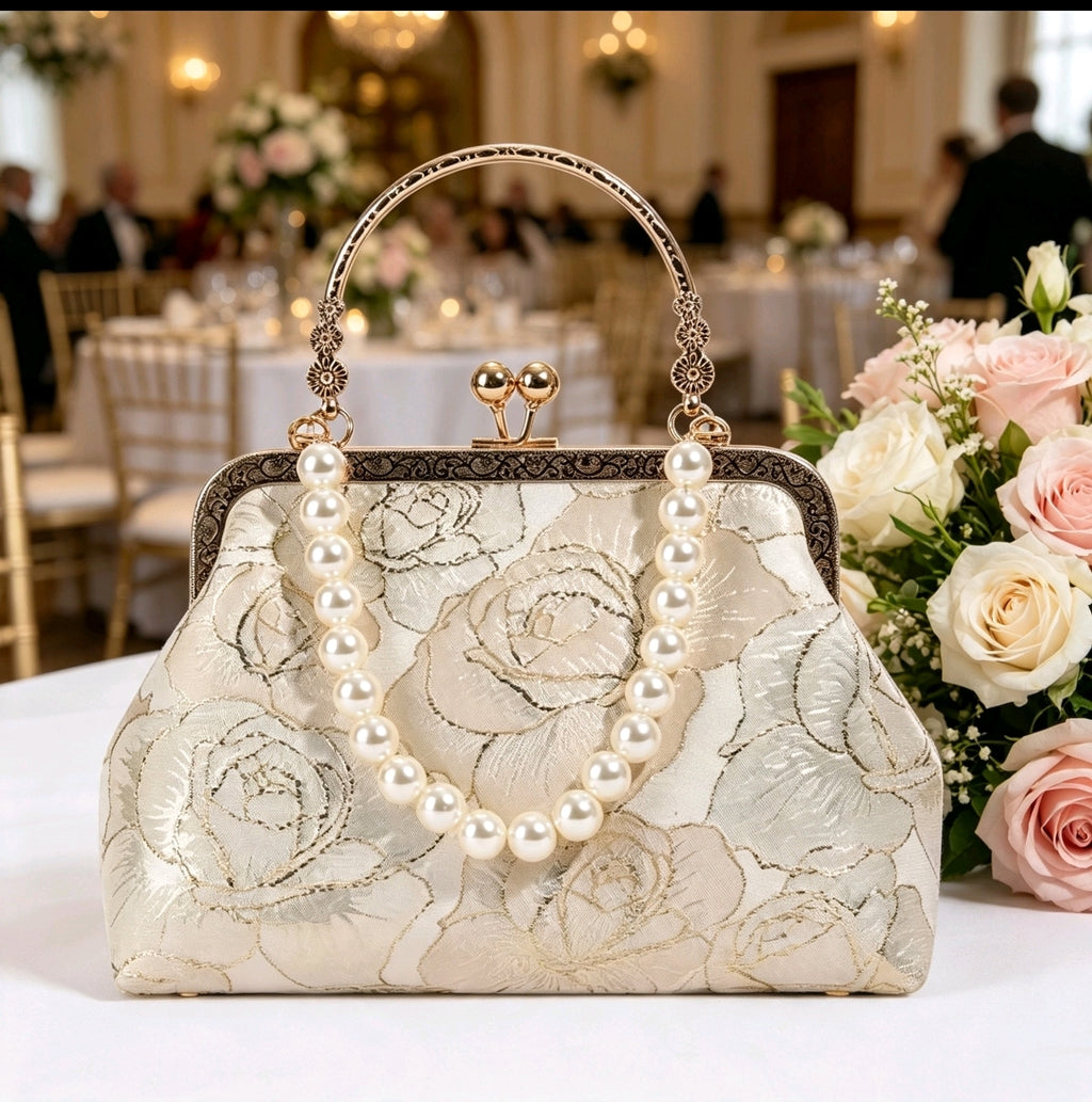 Pochette in broccato di seta floreale bianca, borsa a mano con perle