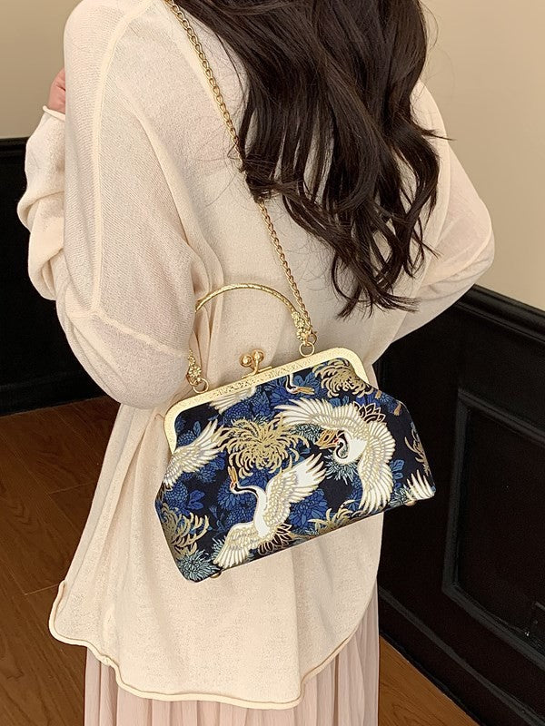 Pochette da sera in broccato di seta con gru e fiori, borsa a mano con chiusura
