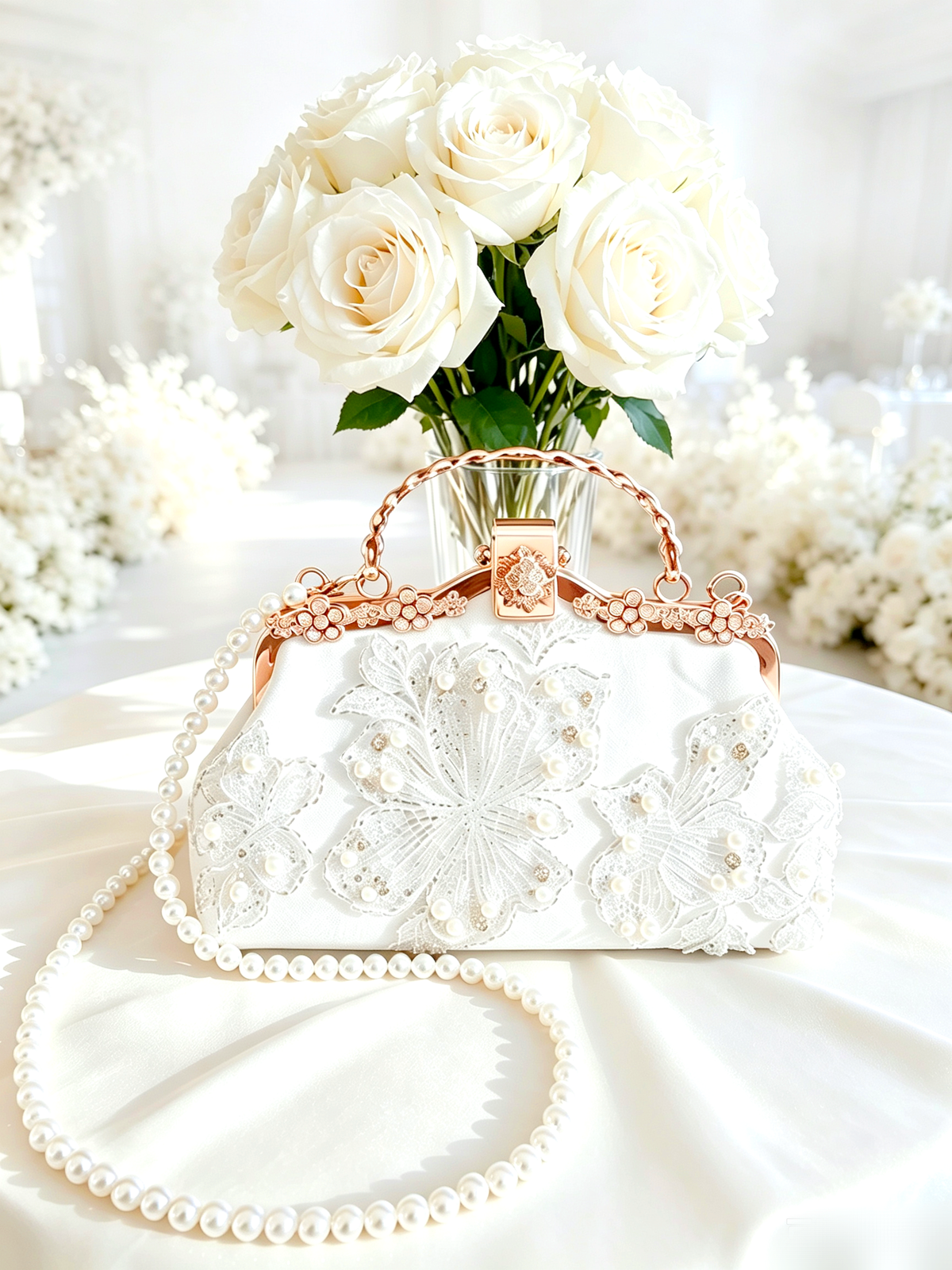 Pochette da Sera Ricamata a Mano Perla Strass Pizzo Bianco Tracolla Oro