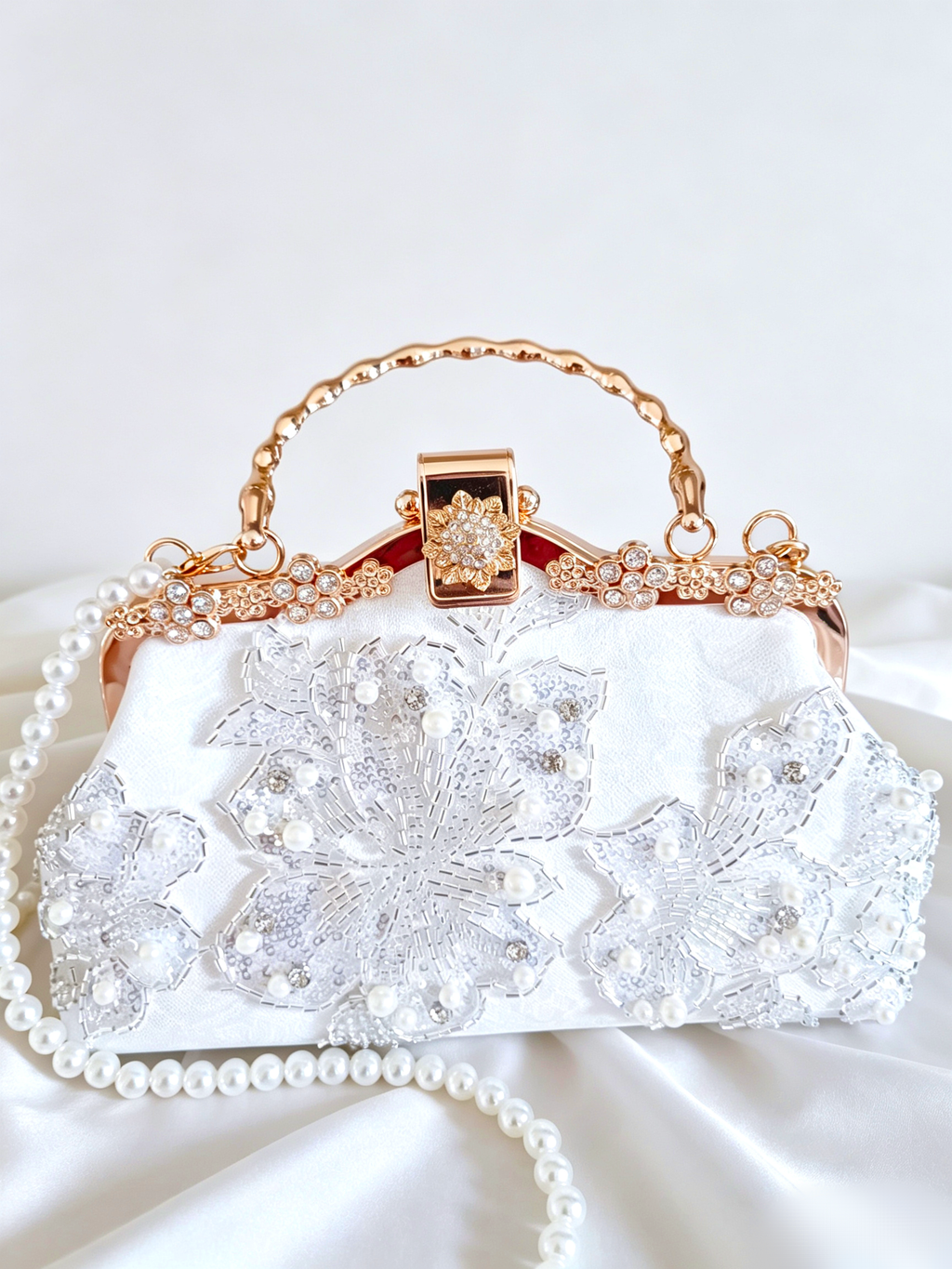 Pochette da Sera Ricamata a Mano Perla Strass Pizzo Bianco Tracolla Oro