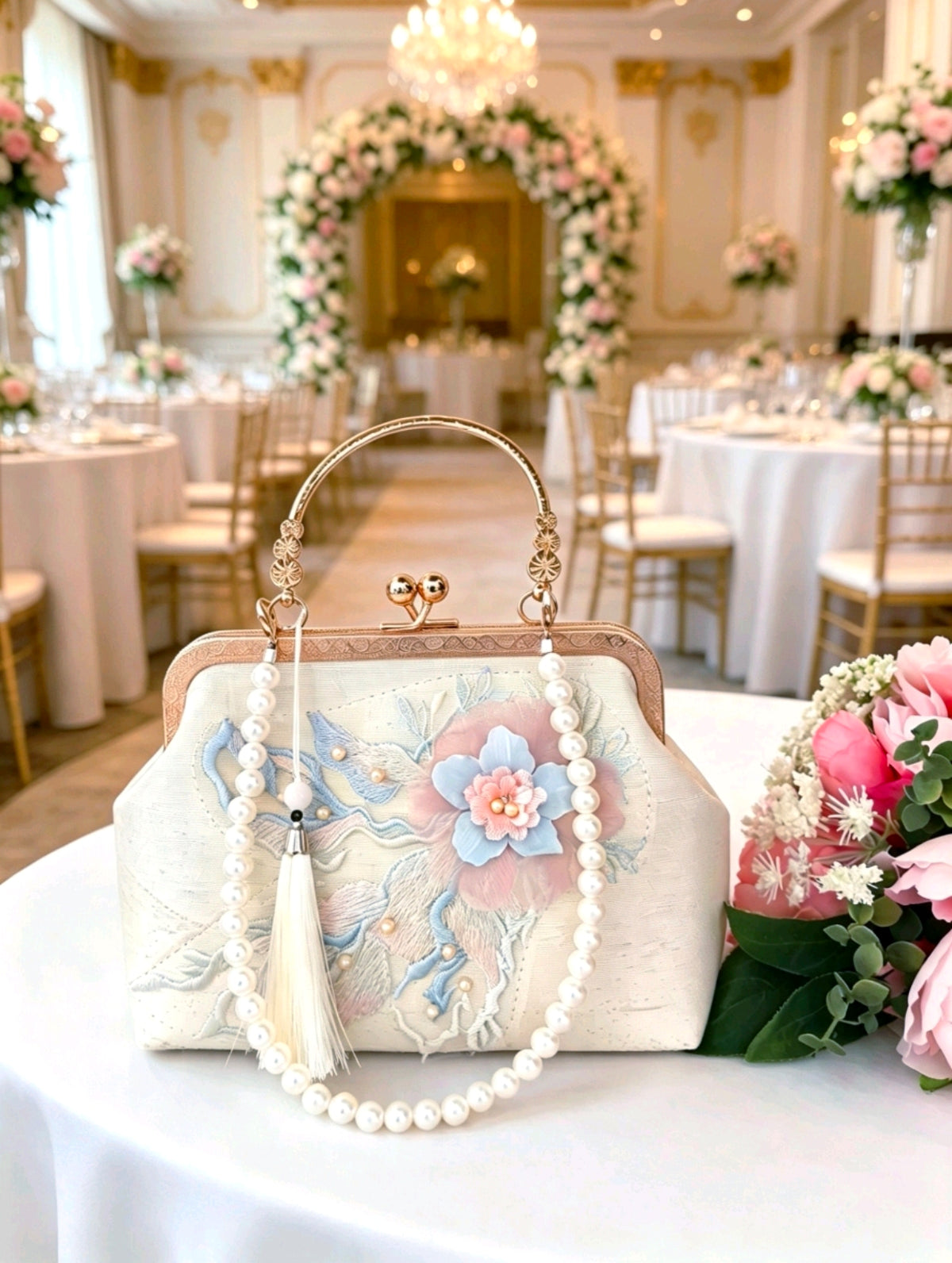 Pochette in seta con ricamo floreale pastello, borsa a mano con perle e nappa