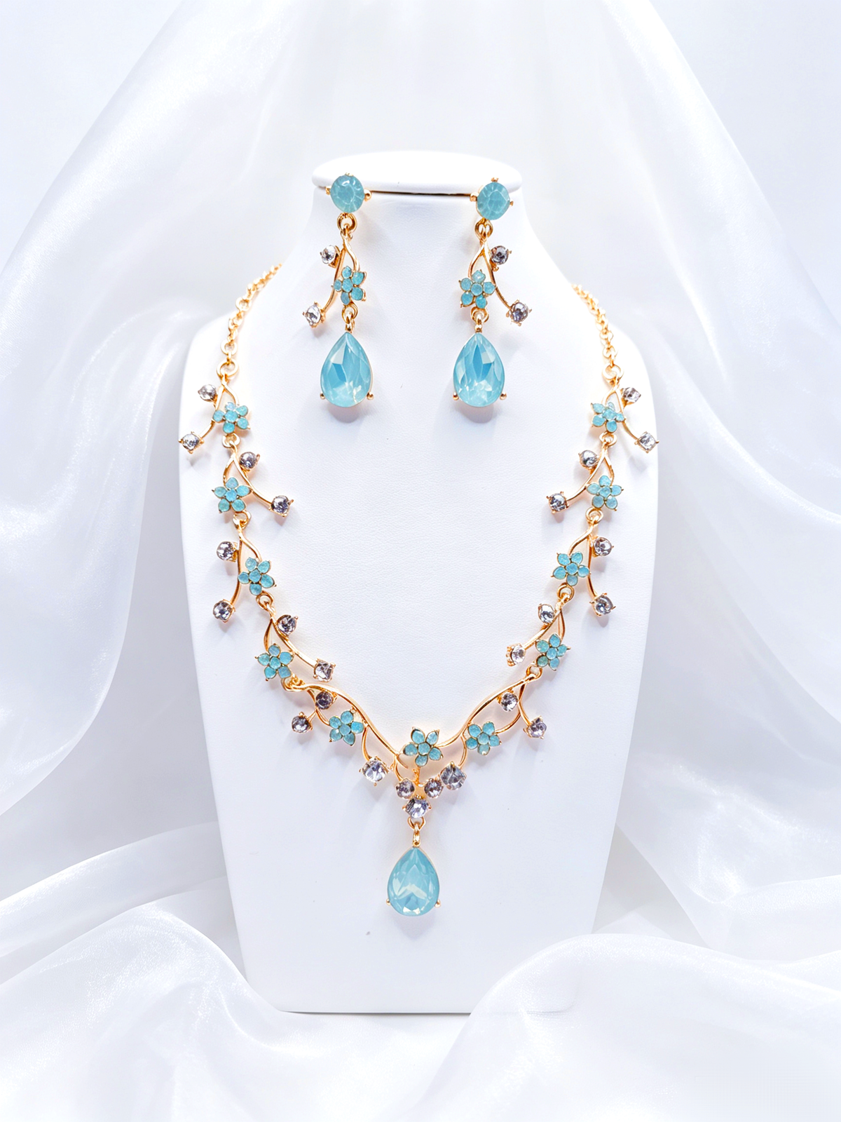 Set gioielli cristallo floreale smeraldo zaffiro, collana e orecchini x cerimoni