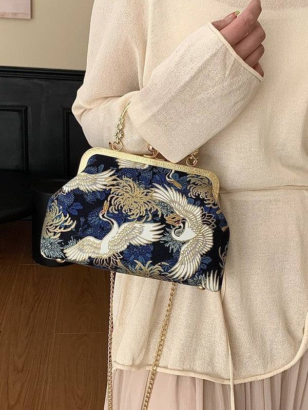 Pochette da sera in broccato di seta con gru e fiori, borsa a mano con chiusura