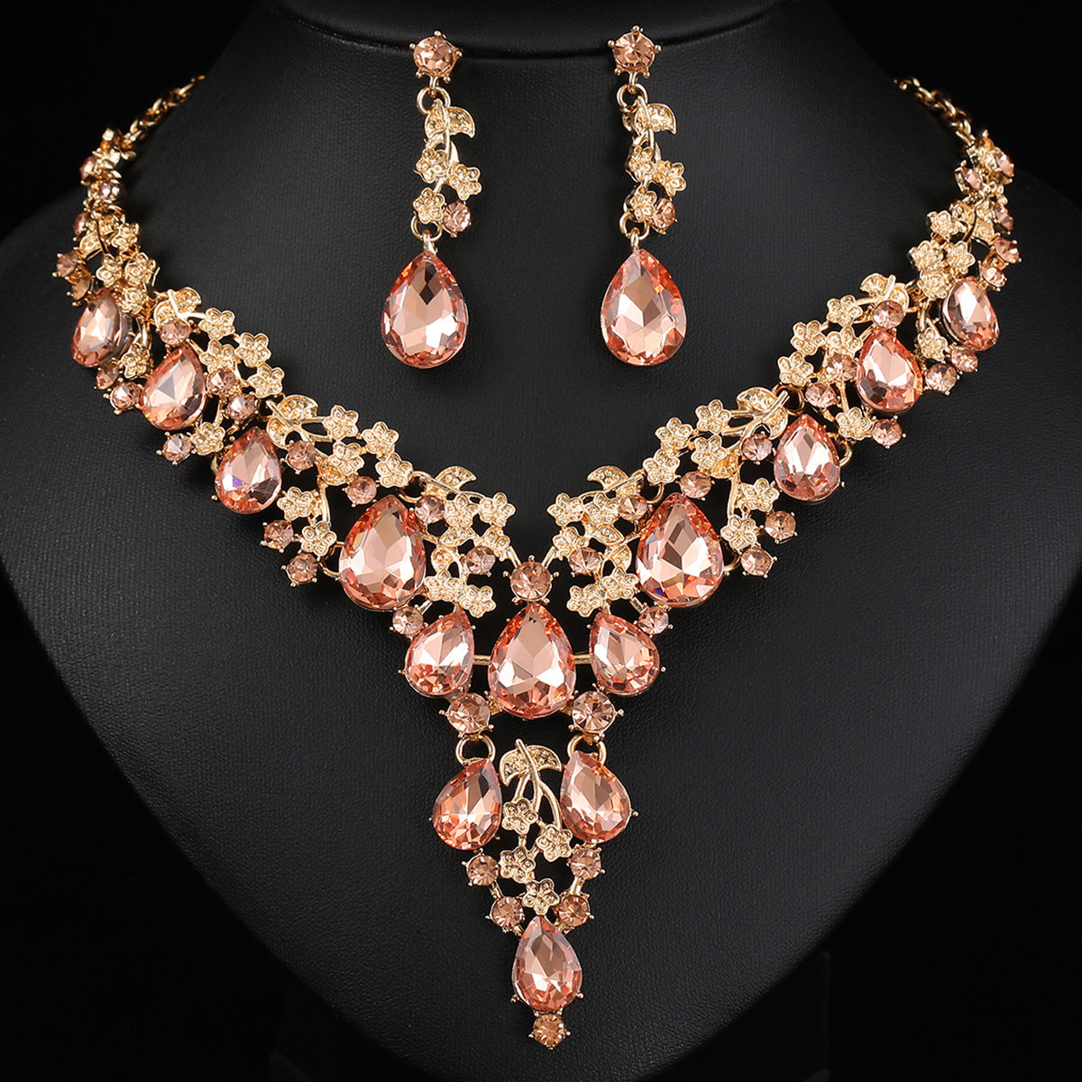 Set gioielli 2 pezzi zircone cubico AAA e cristalli, collana appariscente e orecchini pendenti per matrimoni e serate formali, 6 varianti di colore per donna