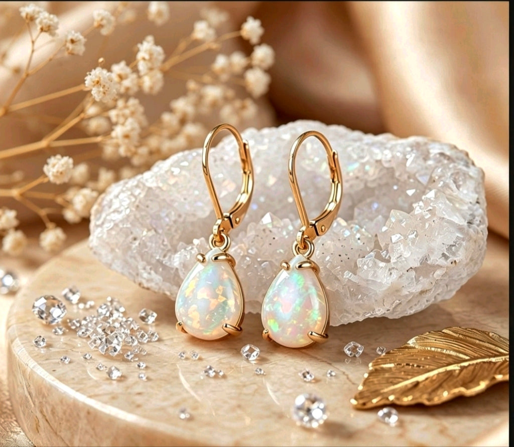Ohrringe Tropfenform mit Opal und Zirkonia Silberstift Versilbert