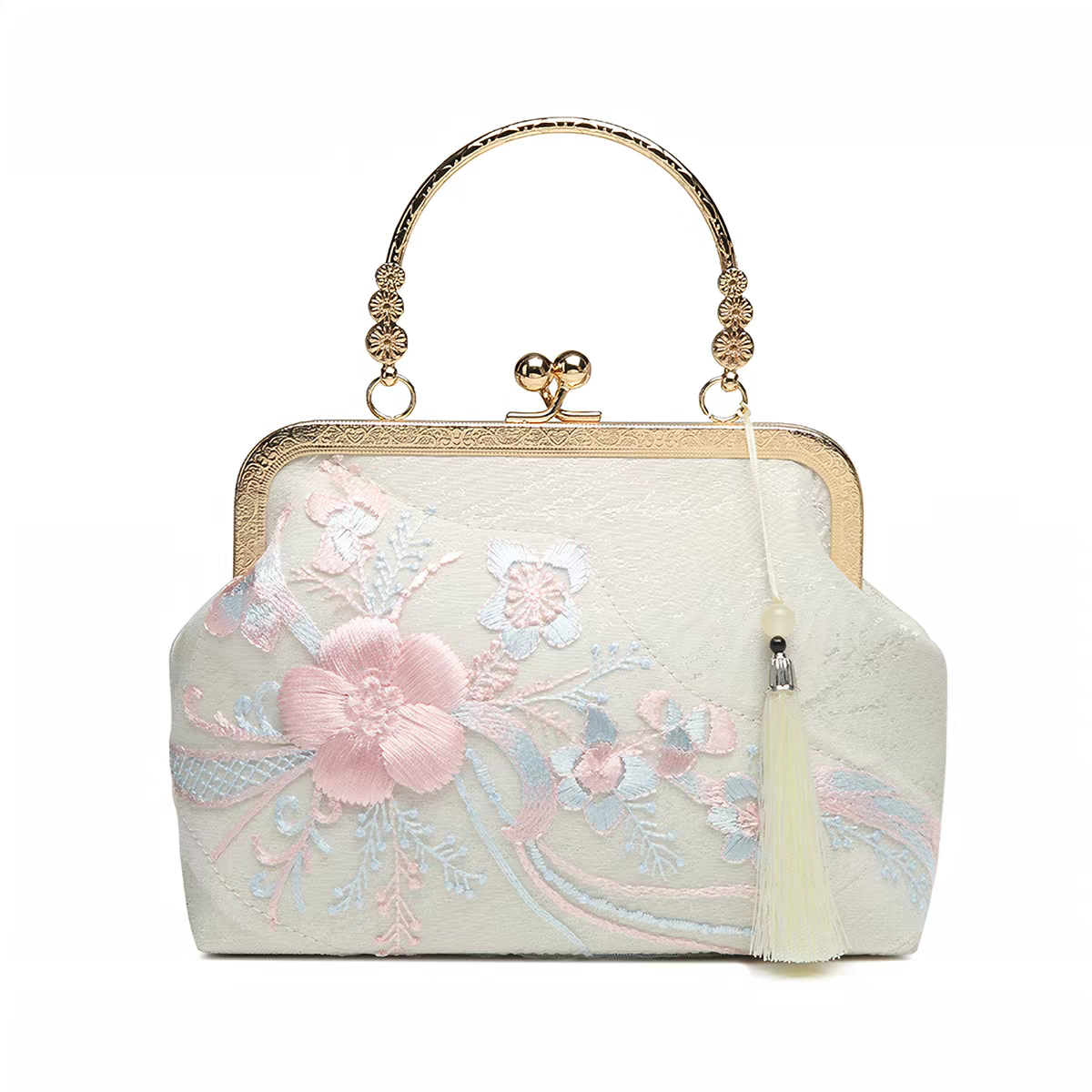 Pochette da sera ricamata stile orientale con perline e nappe