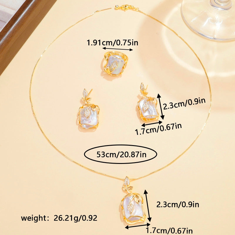Set di Gioielli di perle barocche naturali 3 Pezzi, Placcato Oro 18K, Stile Francese