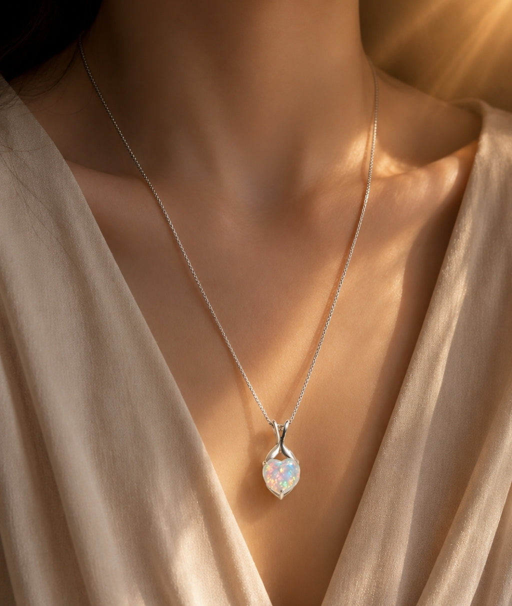 collana placcato in oro bianco 18K con opale a forma di cuore