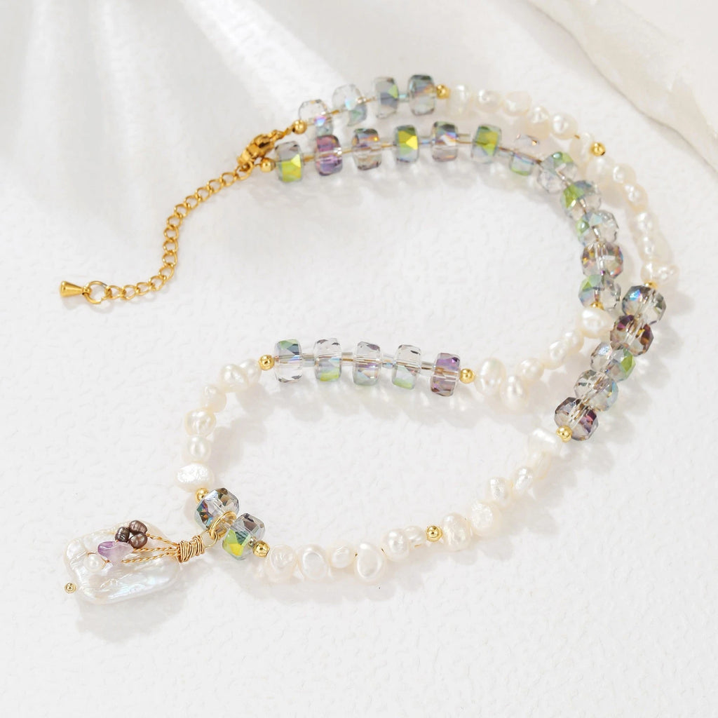 collana perle naturali d'acqua dolce e cristalli con pendolo perla barocca vera