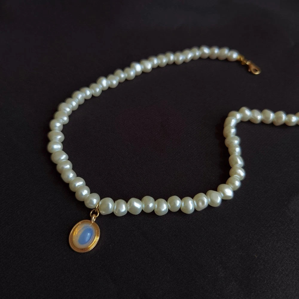 Collana Perle Naturali, Ciondolo Opale Rimovibile Placcata Oro 14K Ipoallergenic
