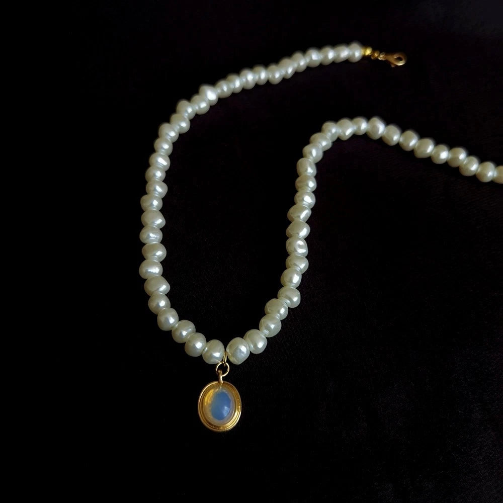 Collana Perle Naturali, Ciondolo Opale Rimovibile Placcata Oro 14K Ipoallergenic