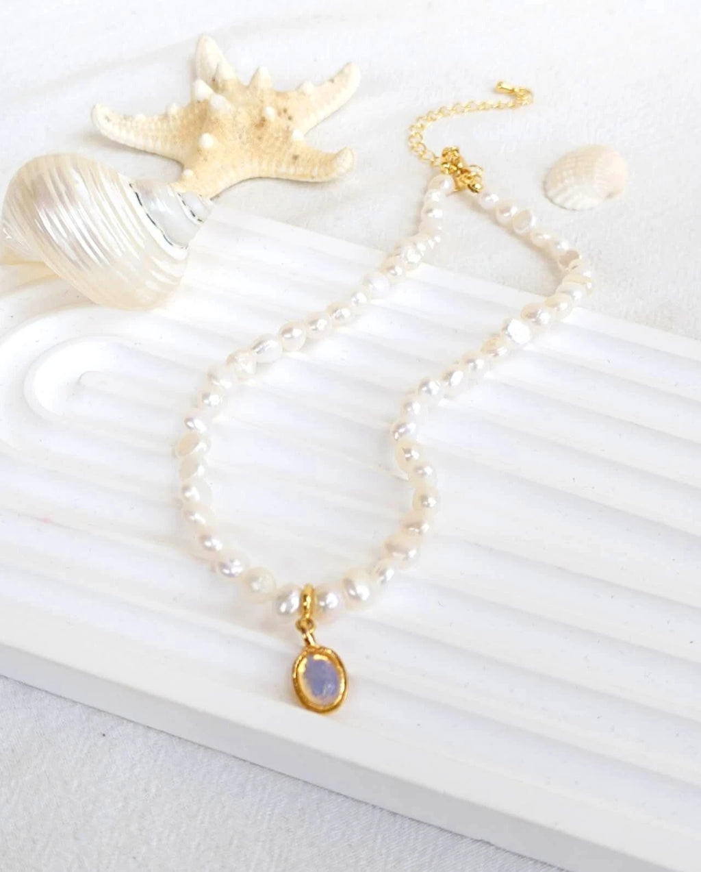 Collana Perle Naturali, Ciondolo Opale Rimovibile Placcata Oro 14K Ipoallergenic