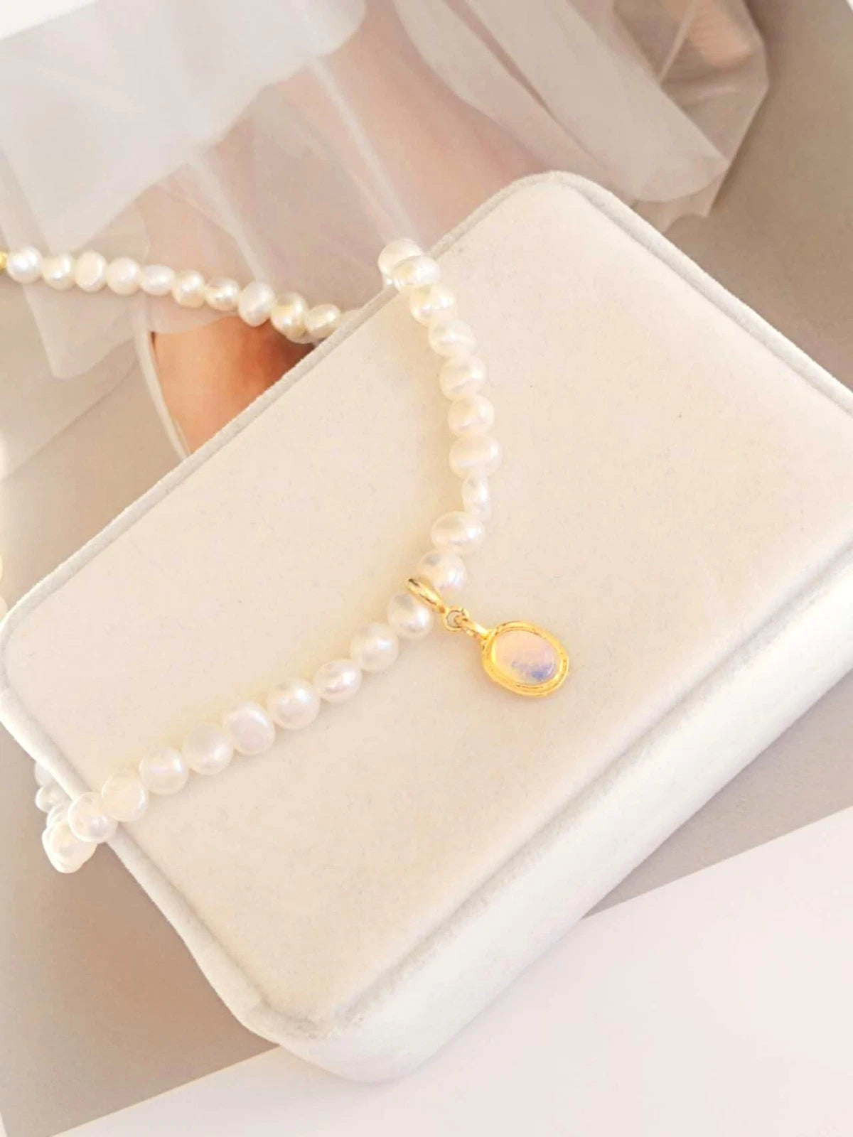 Collana Perle Naturali, Ciondolo Opale Rimovibile Placcata Oro 14K Ipoallergenic