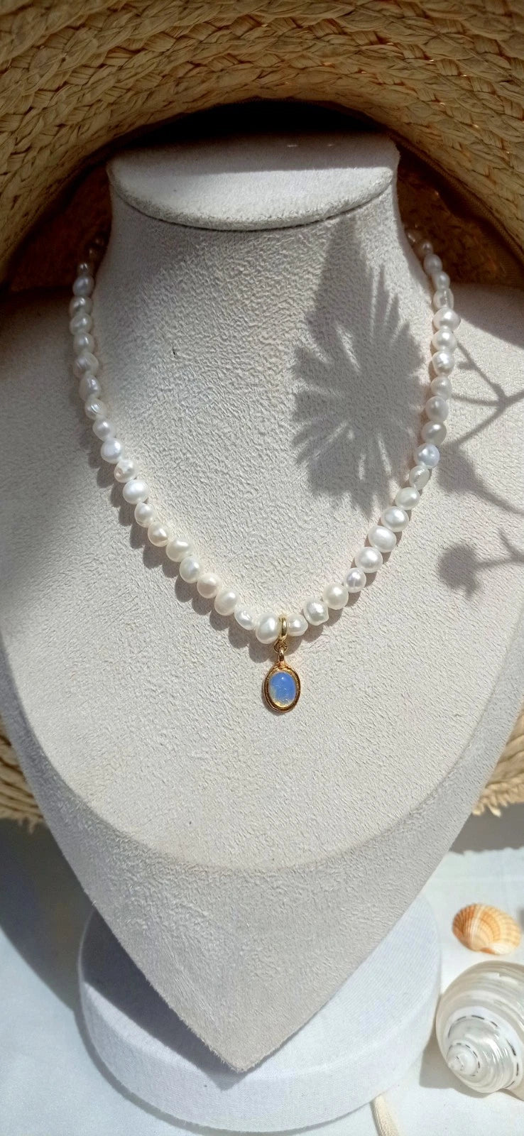 Collana Perle Naturali, Ciondolo Opale Rimovibile Placcata Oro 14K Ipoallergenic