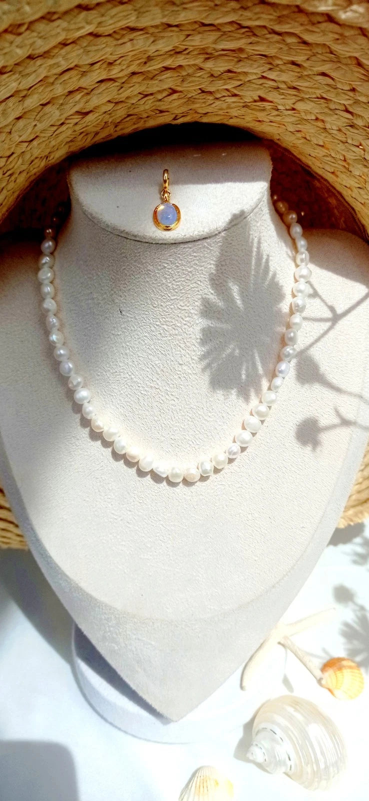 Collana Perle Naturali, Ciondolo Opale Rimovibile Placcata Oro 14K Ipoallergenic