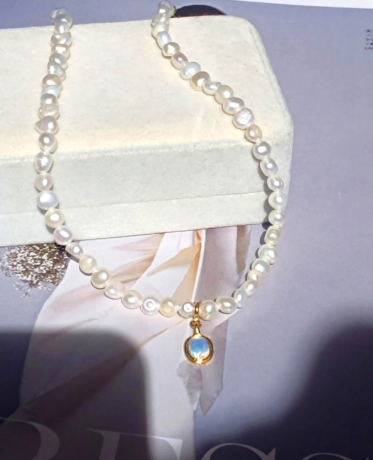 Collana Perle Naturali, Ciondolo Opale Rimovibile Placcata Oro 14K Ipoallergenic