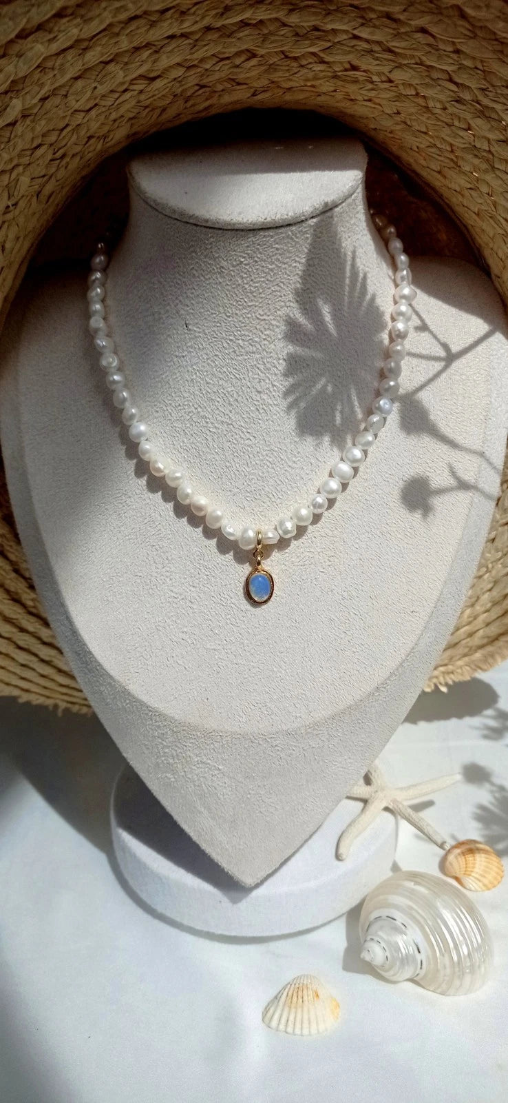 Collana Perle Naturali, Ciondolo Opale Rimovibile Placcata Oro 14K Ipoallergenic