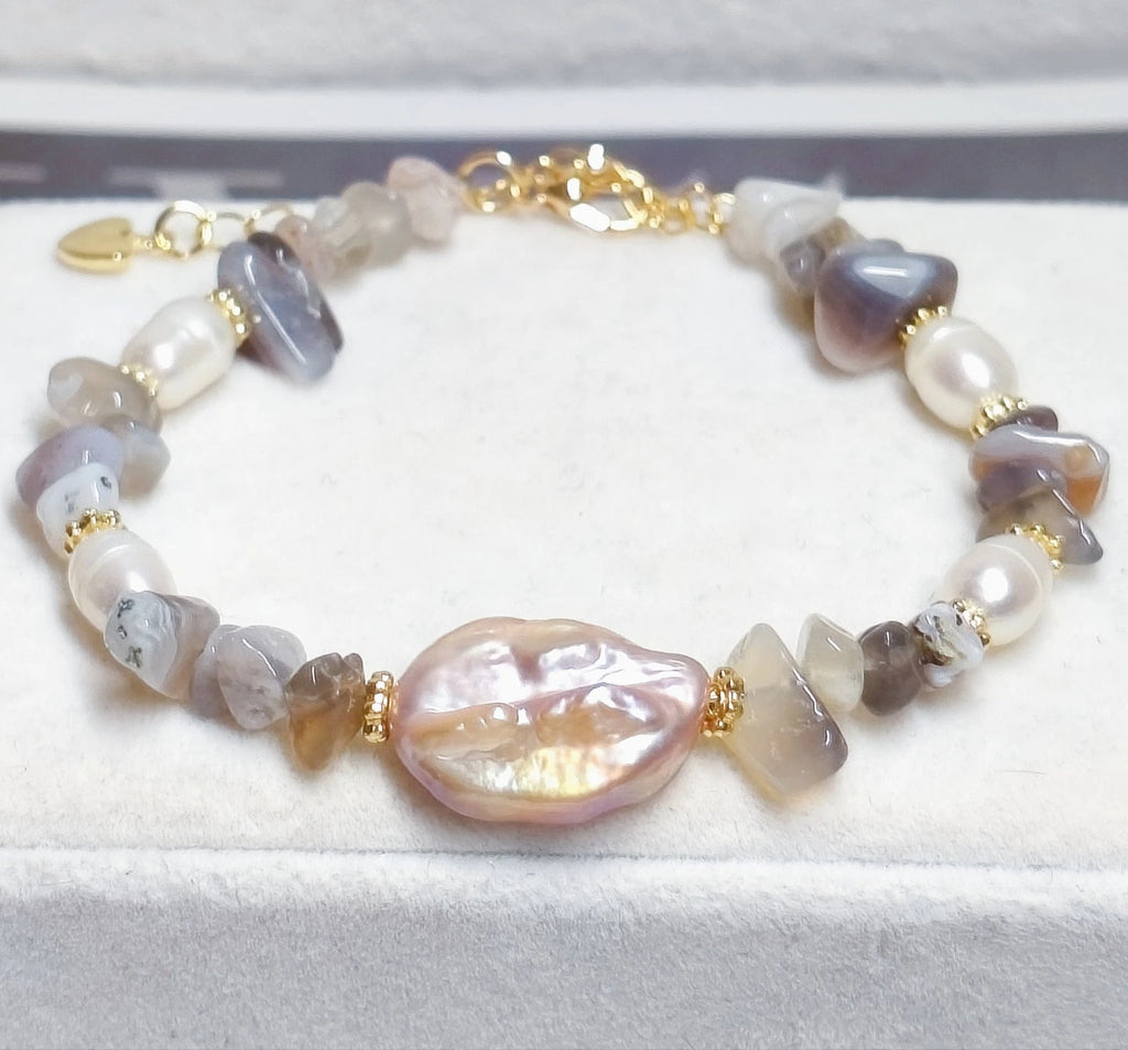 Bracciale con perla barocca naturale e ciottoli agata multicolore,ipoallergenico