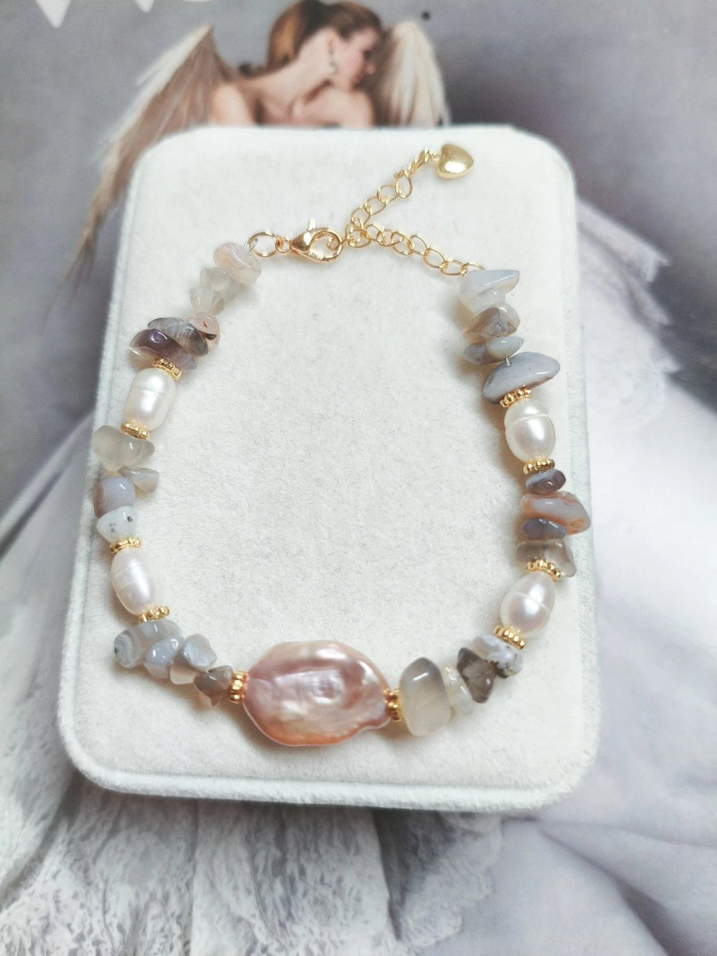 Bracciale con perla barocca naturale e ciottoli agata multicolore,ipoallergenico
