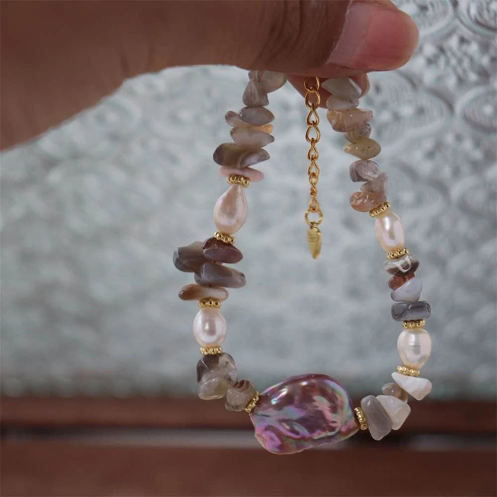 Bracciale con perla barocca naturale e ciottoli agata multicolore,ipoallergenico
