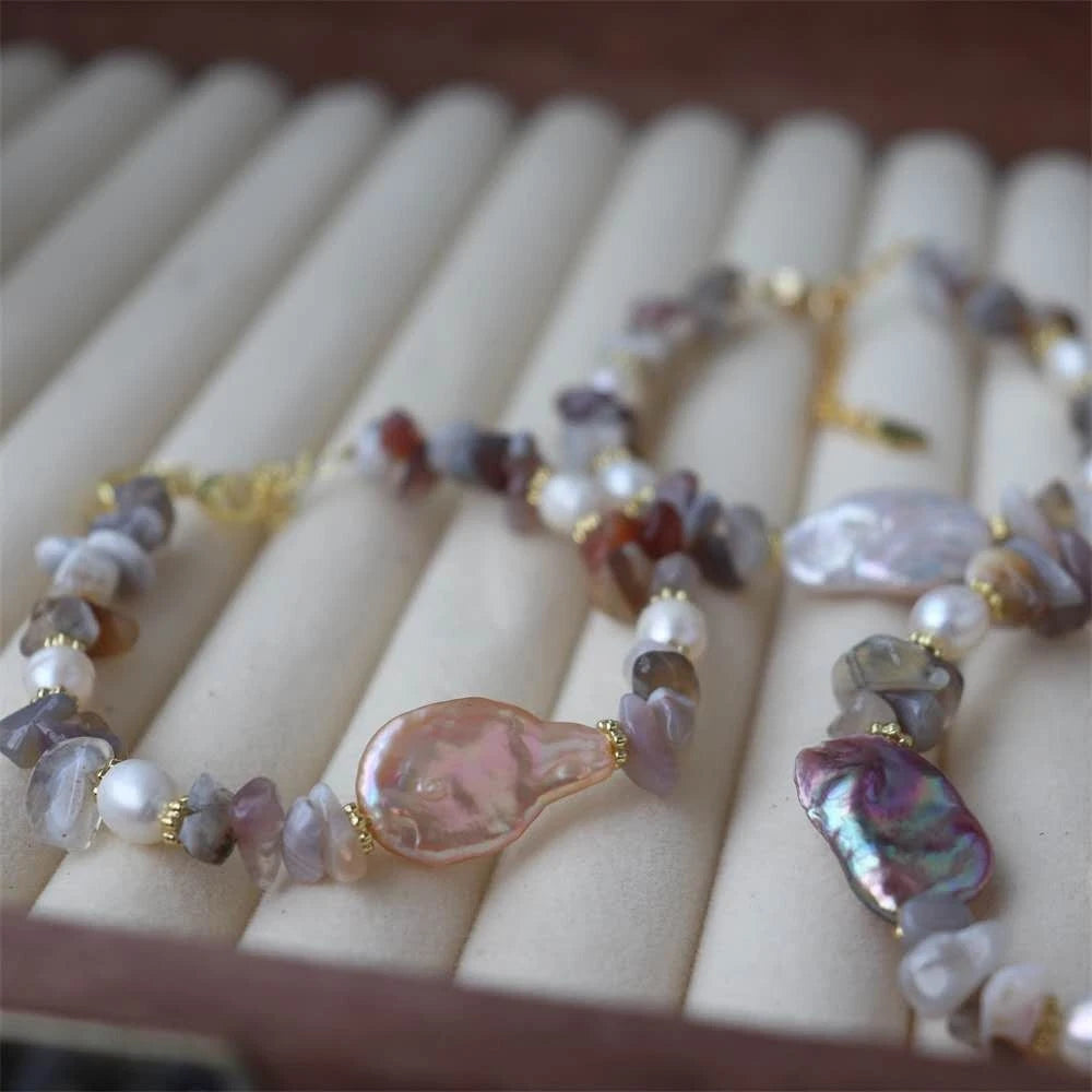 Bracciale con perla barocca naturale e ciottoli agata multicolore,ipoallergenico
