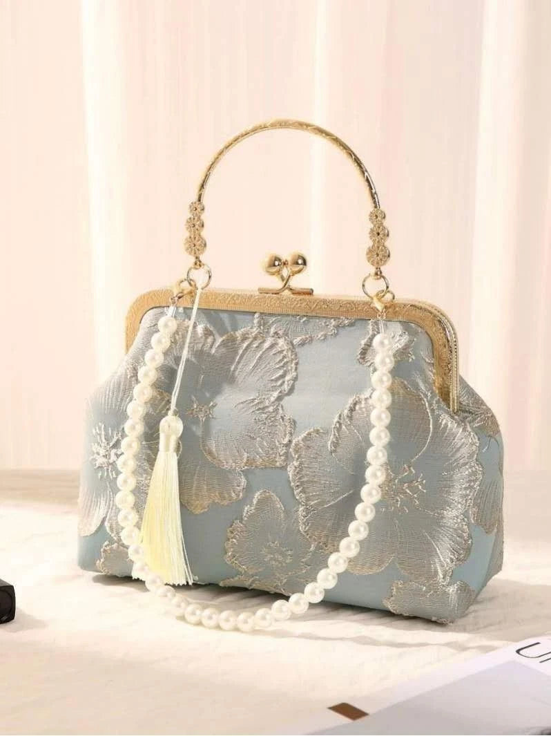 Pochette in Broccato Celeste con Ricamo Floreale, Catena di Perle e tracolla oro