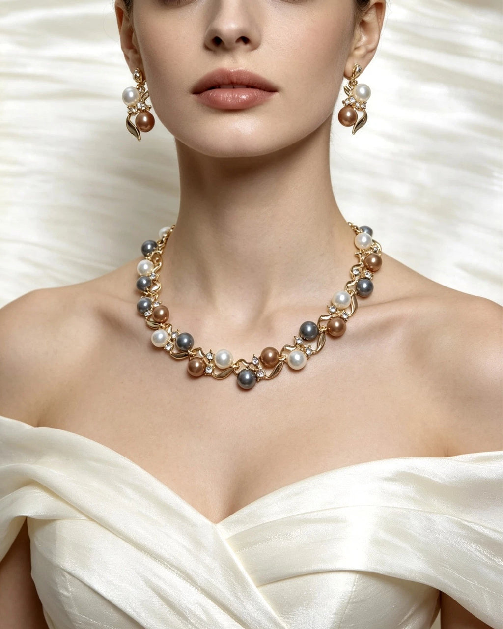 Set collana e orecchini con perle multicolori, stile francese