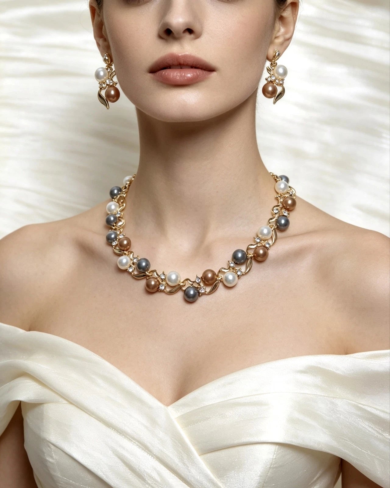 Set collana e orecchini con perle multicolori, stile francese