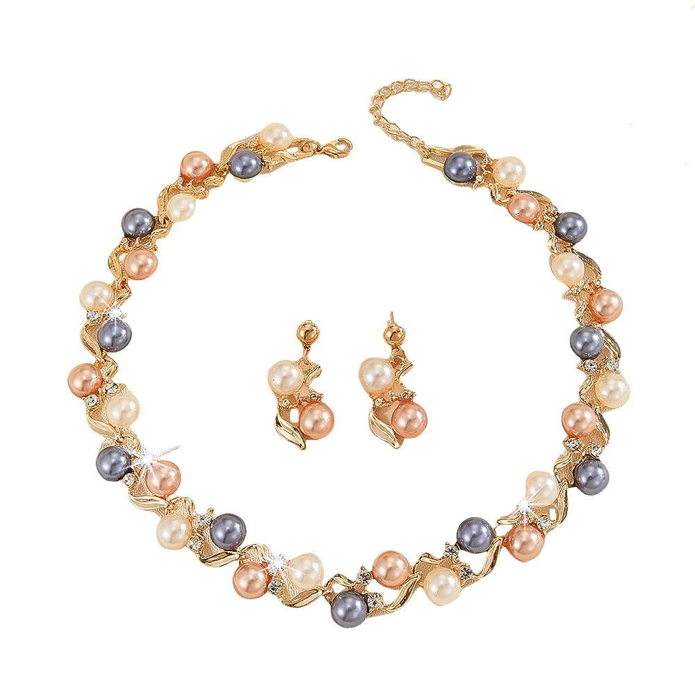 Set collana e orecchini con perle multicolori, stile francese