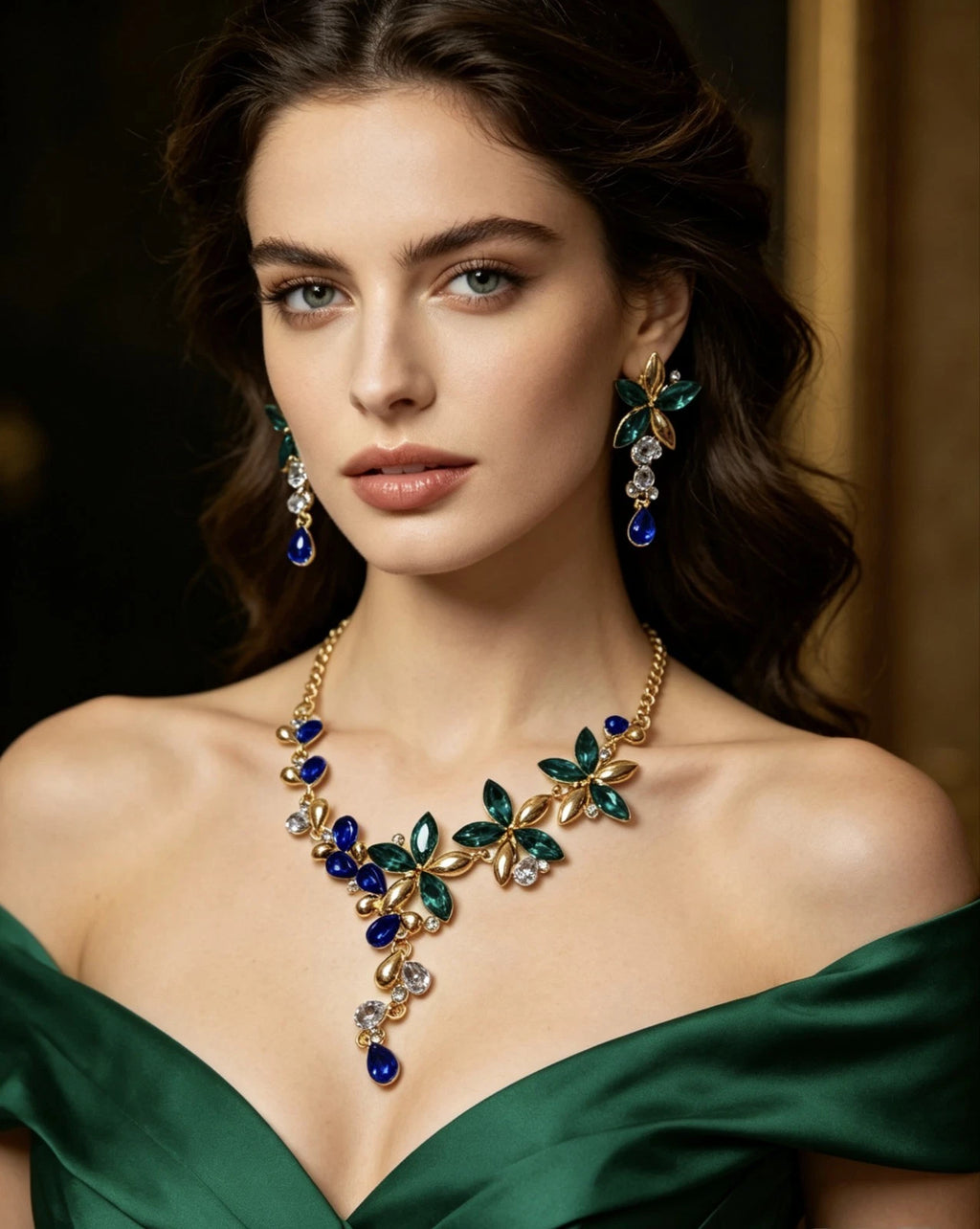 Set collana e orecchini con zirconi floreali, stile retrò elegante