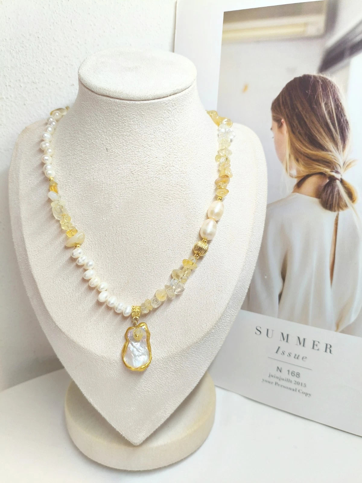 Freshwater Pearl and Natural Stone Necklace, adjustable Shell Pendant