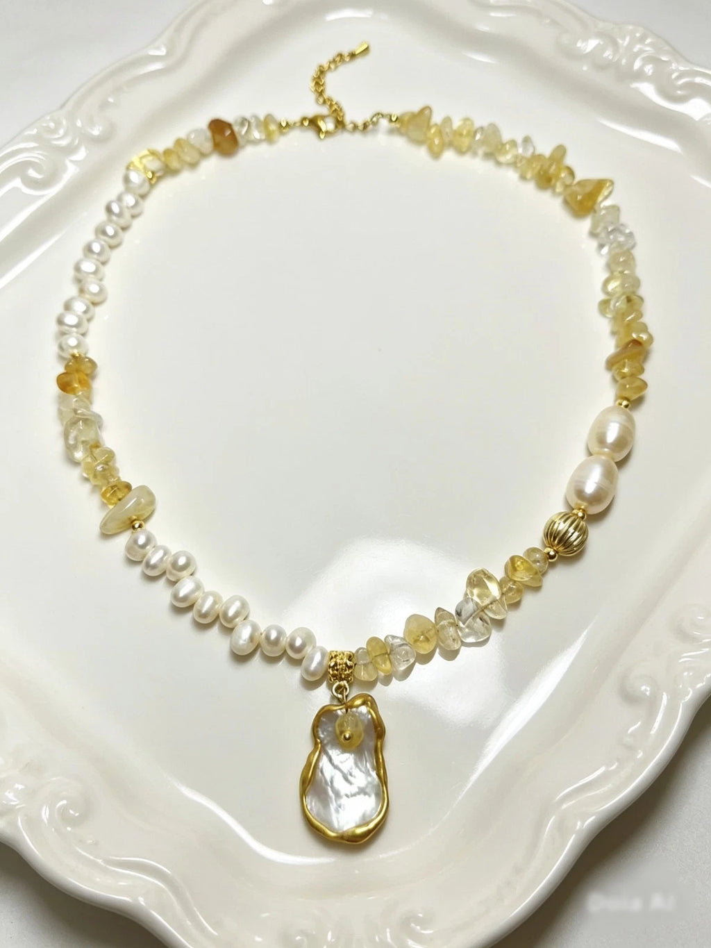 Freshwater Pearl and Natural Stone Necklace, adjustable Shell Pendant
