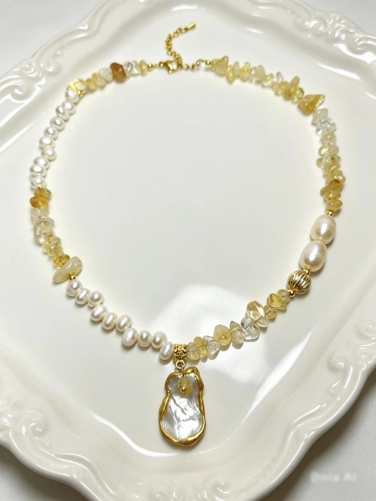 Freshwater Pearl and Natural Stone Necklace, adjustable Shell Pendant
