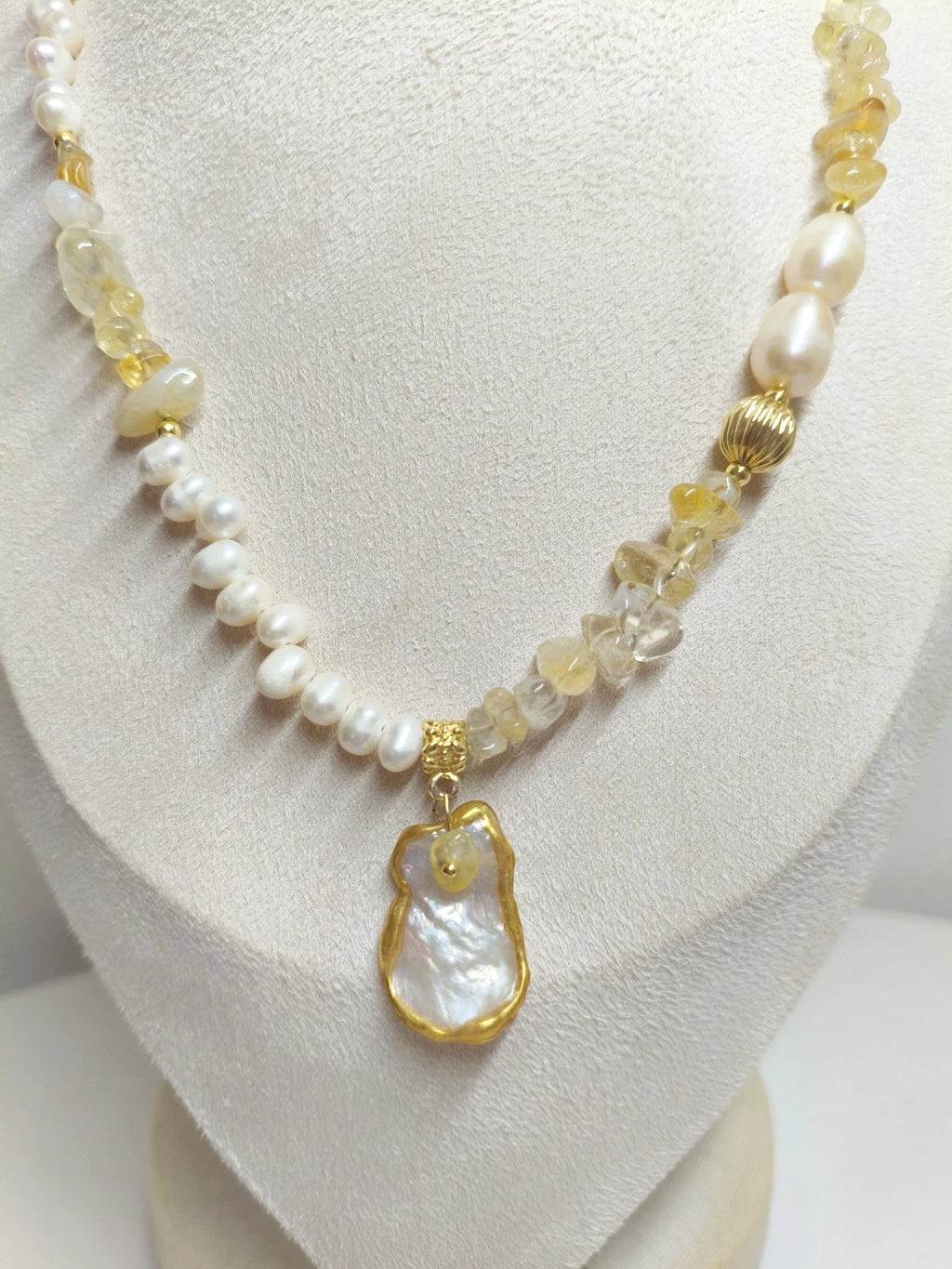 Freshwater Pearl and Natural Stone Necklace, adjustable Shell Pendant