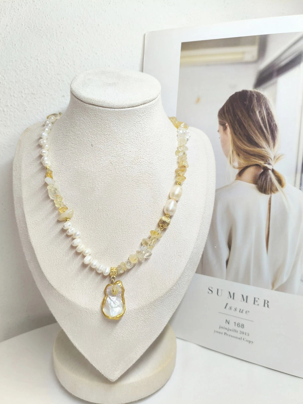 Freshwater Pearl and Natural Stone Necklace, adjustable Shell Pendant
