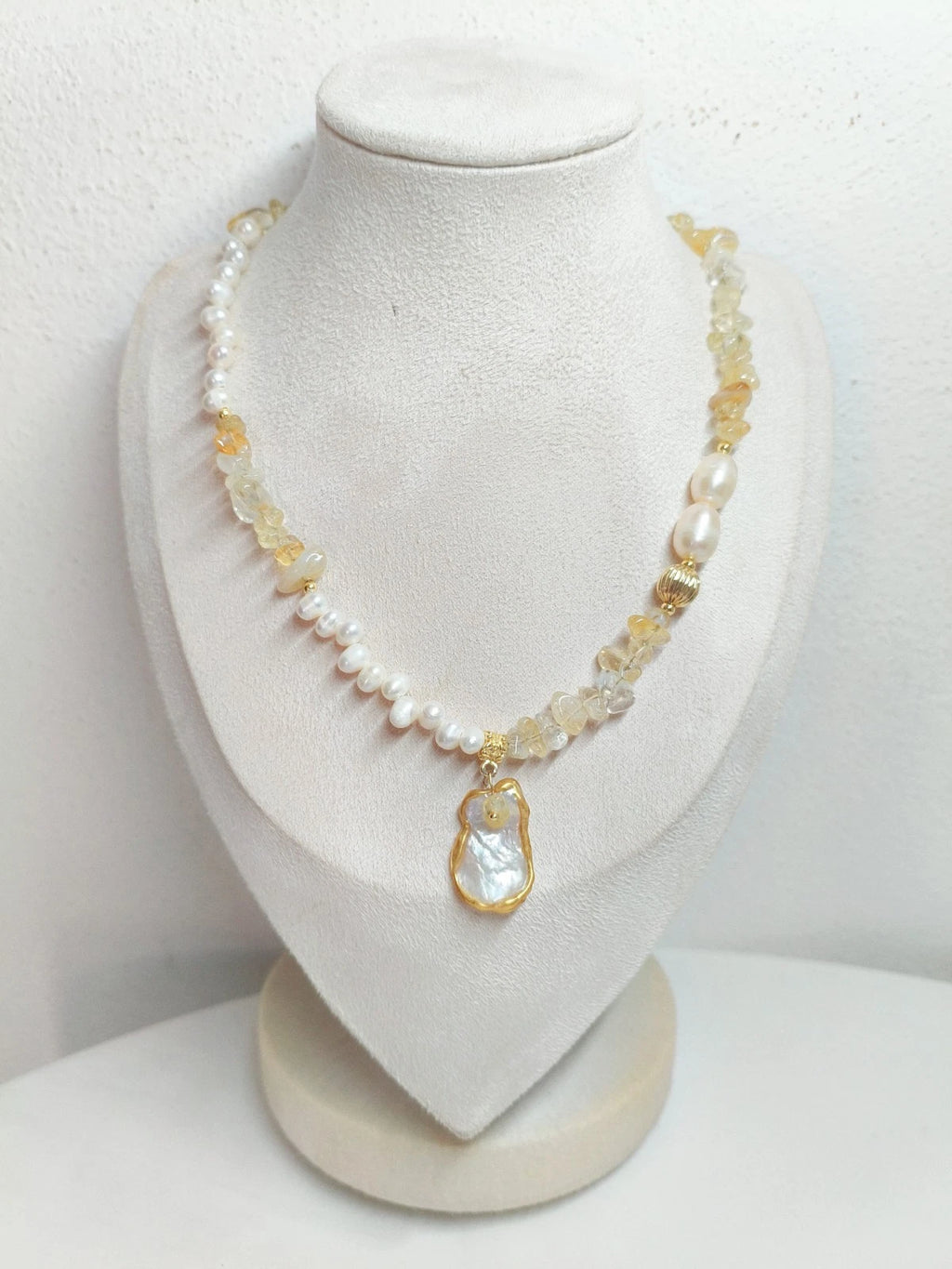 Freshwater Pearl and Natural Stone Necklace, adjustable Shell Pendant