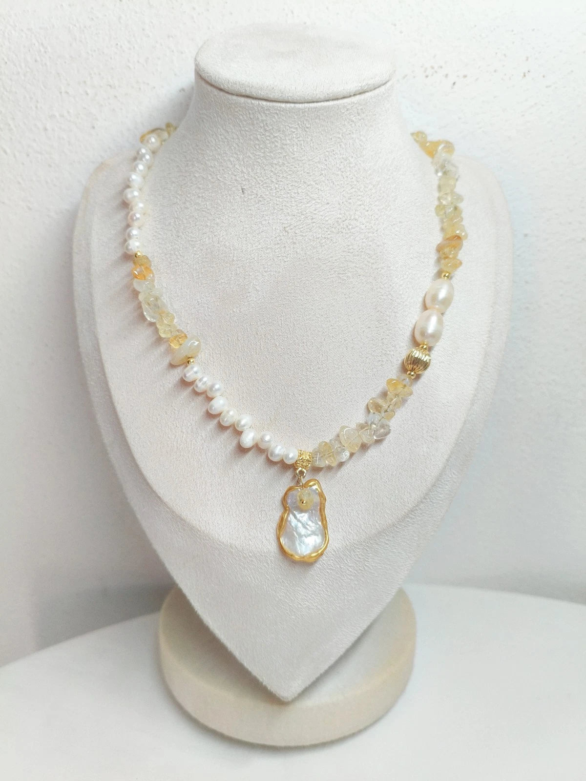 Freshwater Pearl and Natural Stone Necklace, adjustable Shell Pendant