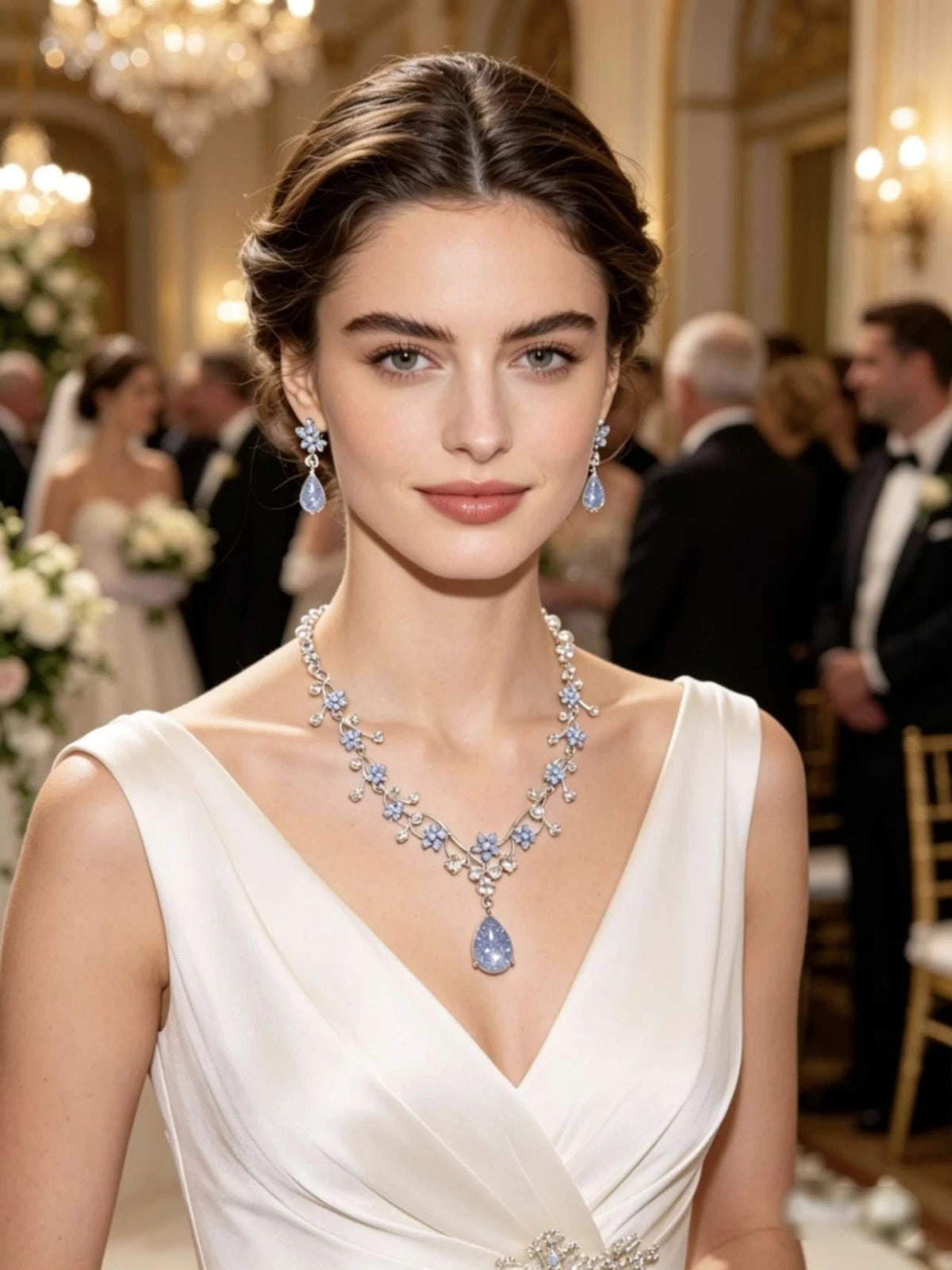 2 Piece Necklace and Earrings Set with Blue Flower and Teardrop Crystals, Silver Plated