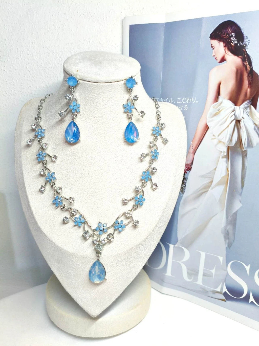 2 Piece Necklace and Earrings Set with Blue Flower and Teardrop Crystals, Silver Plated