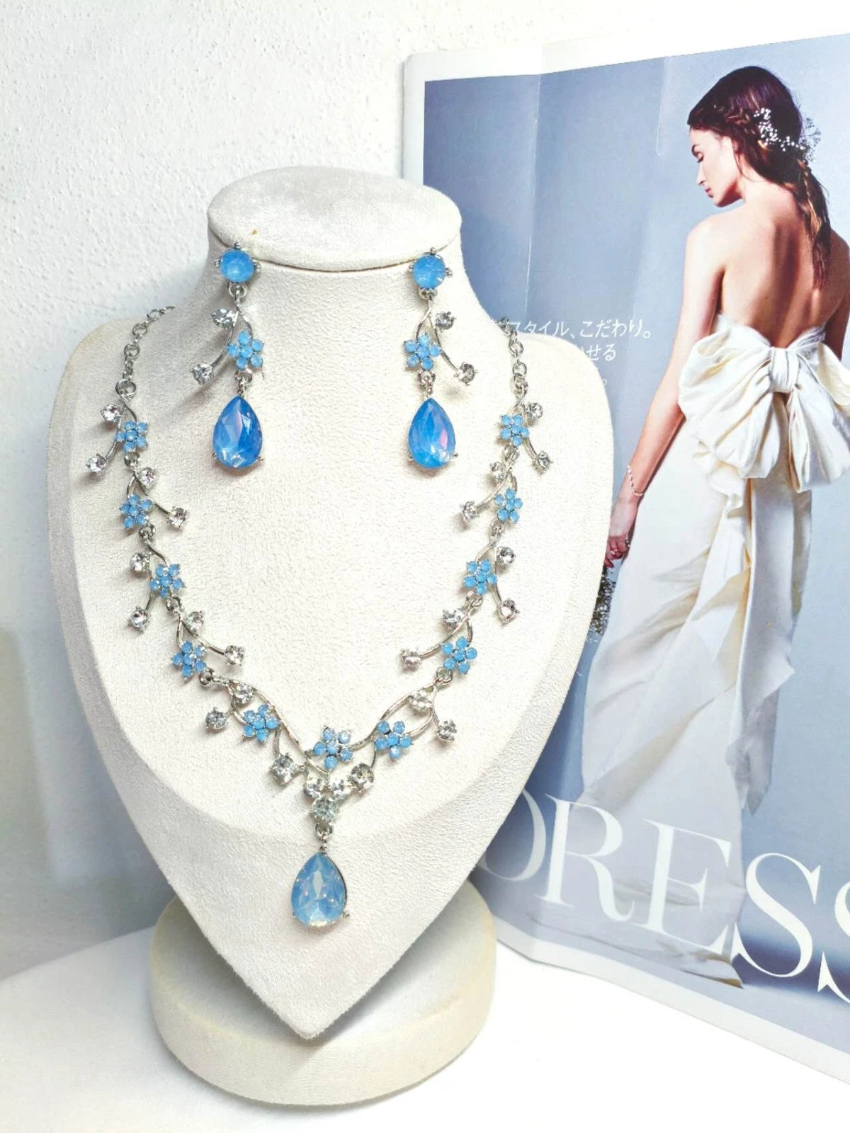 2 Piece Necklace and Earrings Set with Blue Flower and Teardrop Crystals, Silver Plated
