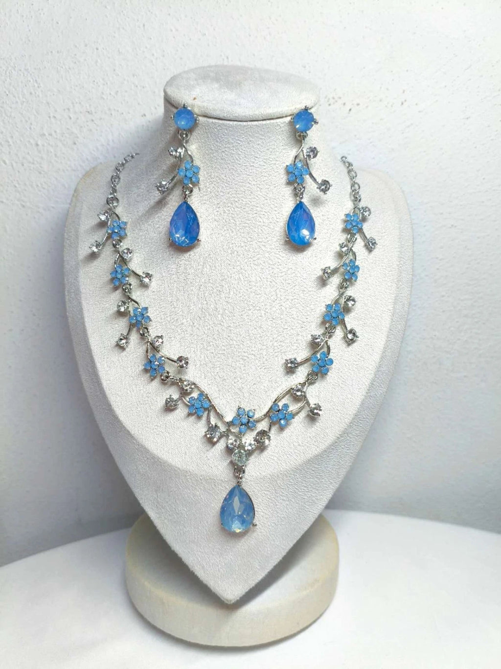 2 Piece Necklace and Earrings Set with Blue Flower and Teardrop Crystals, Silver Plated