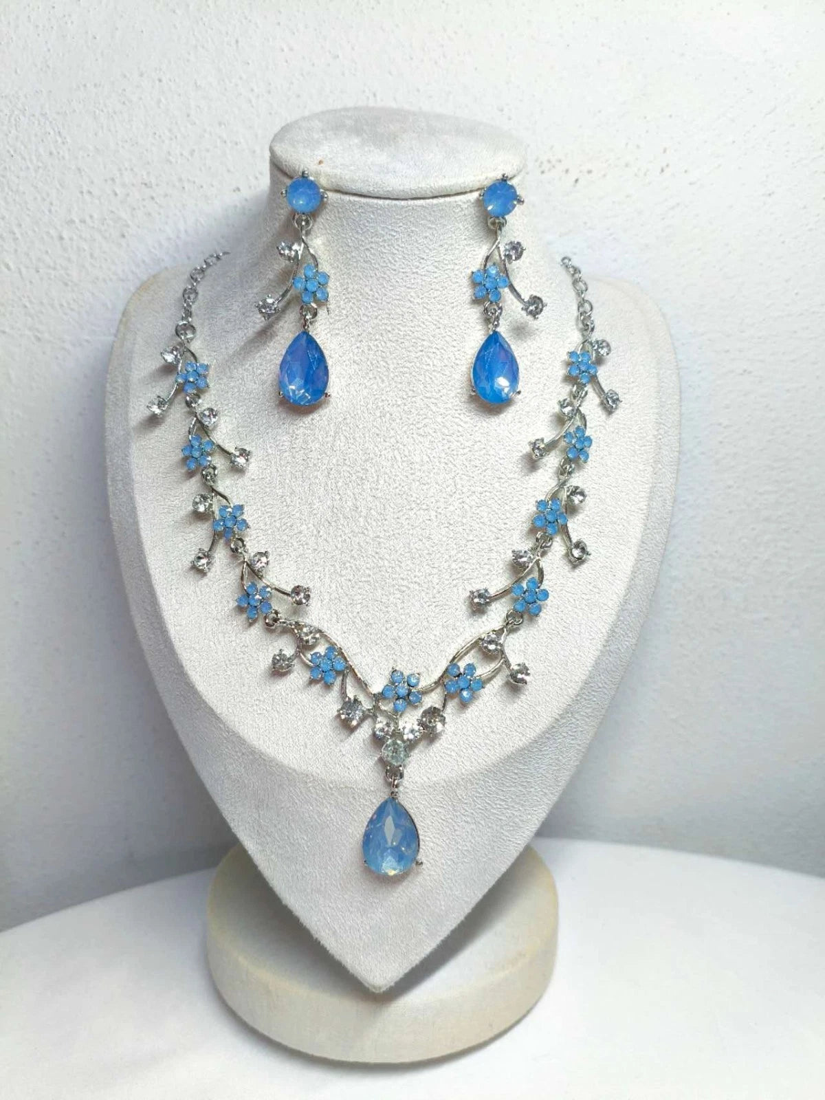 2 Piece Necklace and Earrings Set with Blue Flower and Teardrop Crystals, Silver Plated