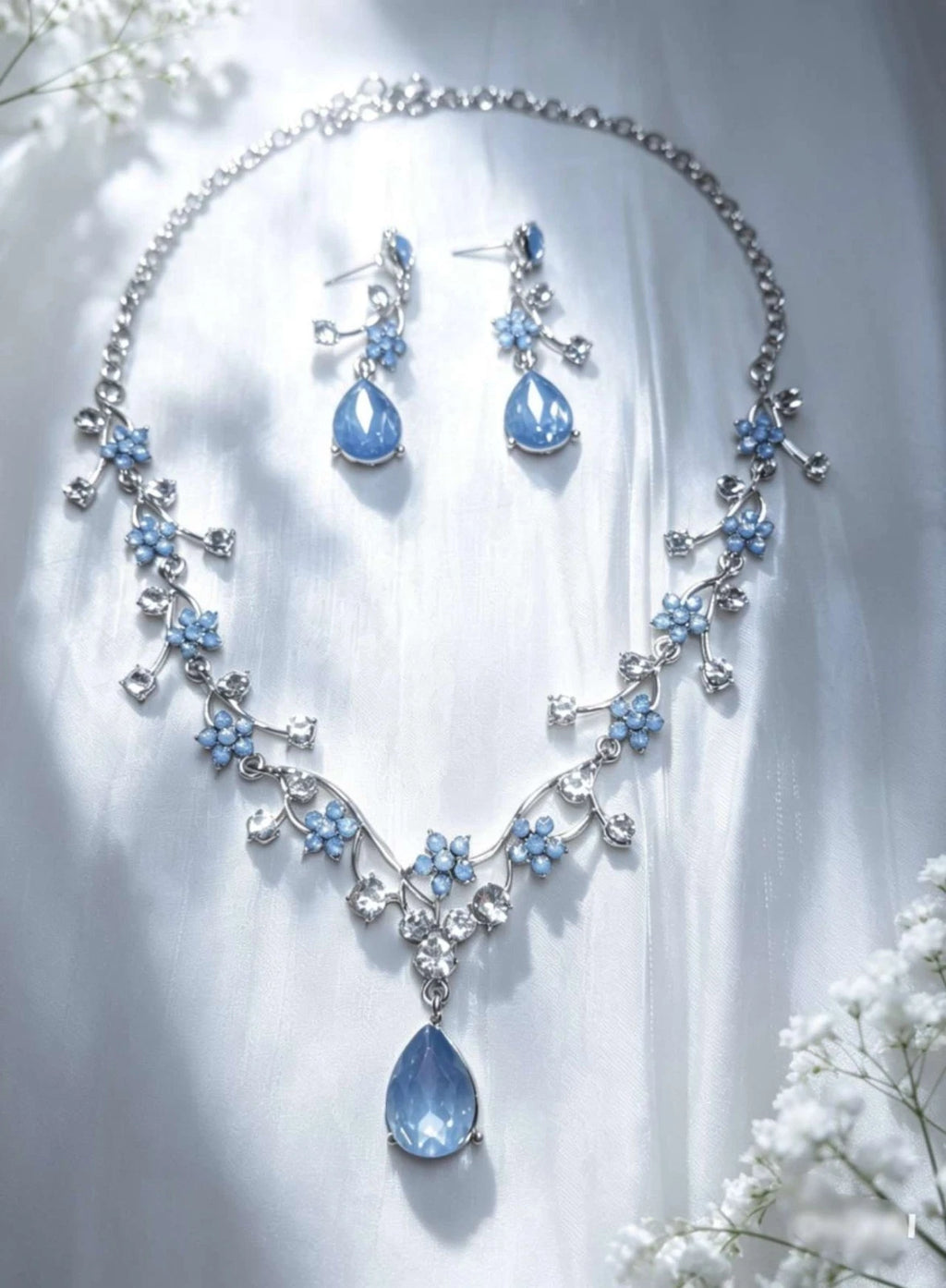 2 Piece Necklace and Earrings Set with Blue Flower and Teardrop Crystals, Silver Plated