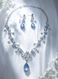 2 Piece Necklace and Earrings Set with Blue Flower and Teardrop Crystals, Silver Plated